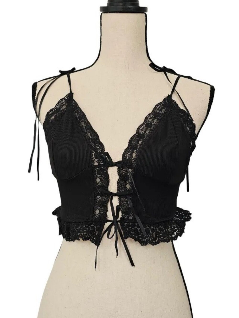 SHEIN Black Lace-Trim Tie-Front Ribbed Crop Top